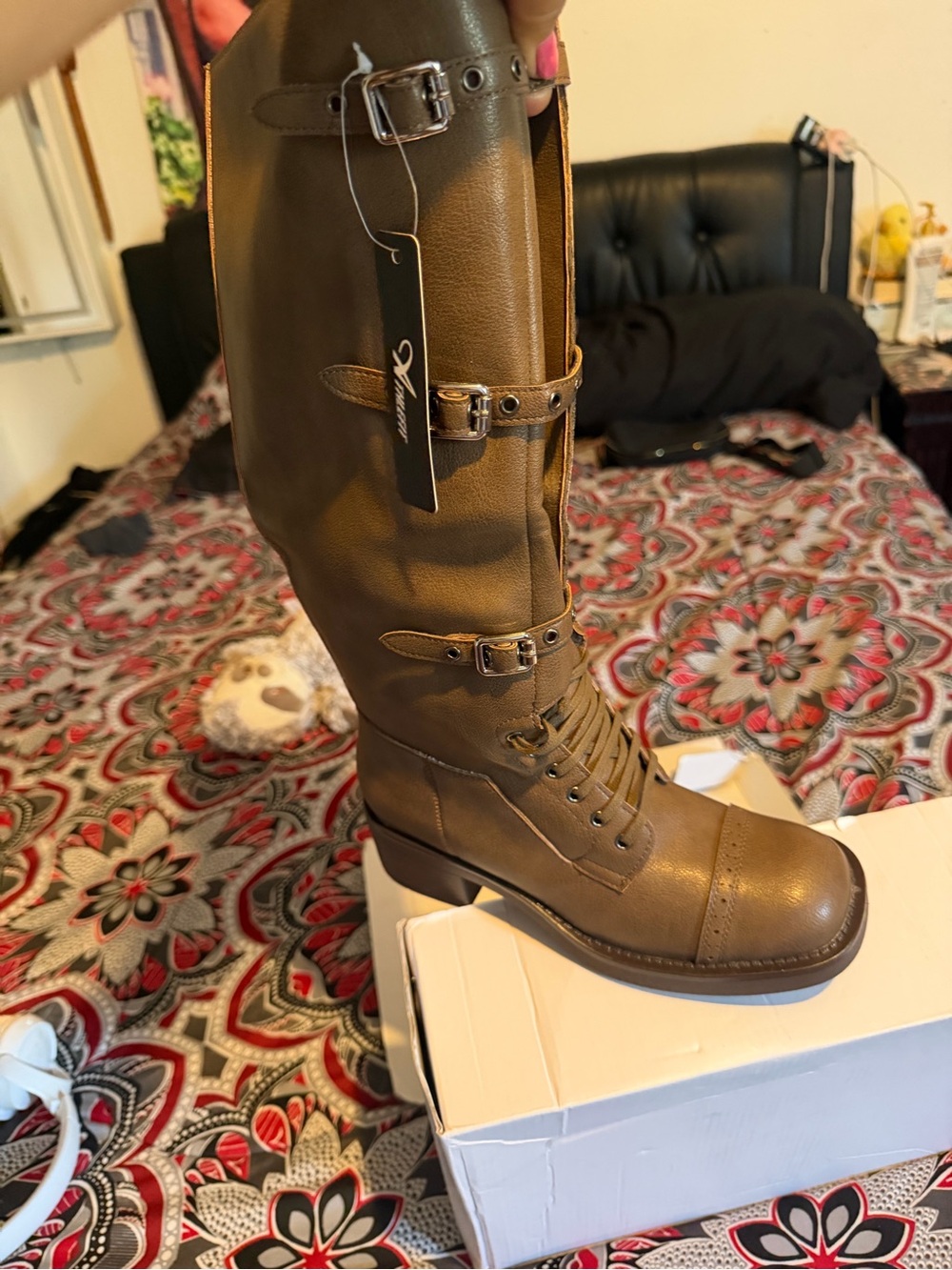 Women's Tall Lace-Up Buckle Booties in Olive